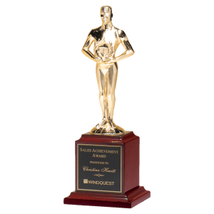 Cast Metal Goldtone Finish Classic Achiever Figure on a Rosewood Piano Finish Base with a Black Laserable Plate
