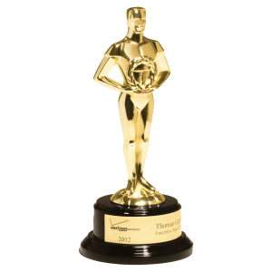 Cast Metal Goldtone Finish Classic Achiever Figure on a Black Piano Finish Base with a Gold Flex-Brass Plastic Plate