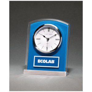 Glass Clock with Blue Carbon Fiber Design on Aluminum Base and Laser Engravable Plate