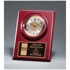 Cherry Finish Clock with 3 Hand Movement, Shelf Stand or Wall Mount with Black Laserable Plate