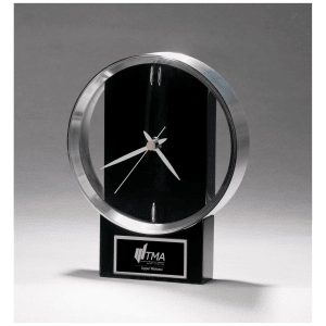 Modern Design Clock with Brushed Silver Bezel, Black High Gloss Base, Black Plate
