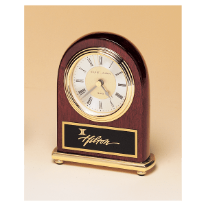 Rosewood Arch Piano Finish Clock, Brass Base, Diamond Spun Dial, 3 Hand Movement with Black Laserable Plate