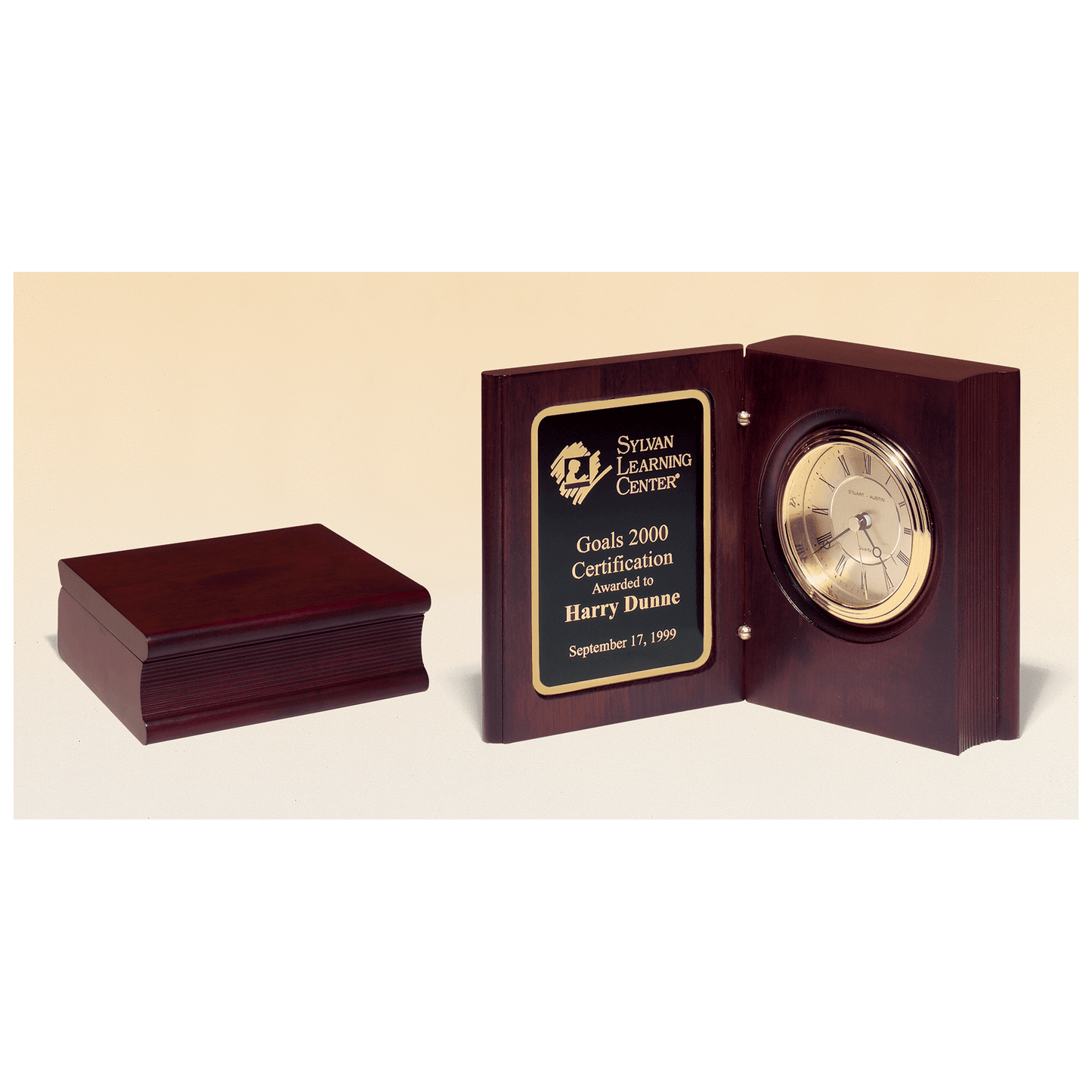 Hand Rubbed Mahogany Finish Book Clock w/Gold Spun Dial - Personalized