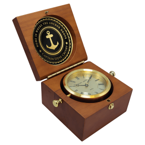 Mahogany Finish Captain's Clock, Brass Clock Housing, 4 1/4" Diameter Brass Disc/Plate