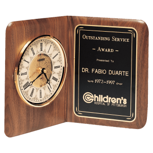 Walnut Quartz Book Clock, Brass Diamond Spun Bezel, Glass Lens, Ivory Dial