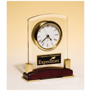 Beveled Glass Desk Clock, Rosewood Piano Finish Base, Gold MetalAccent with Black Plate