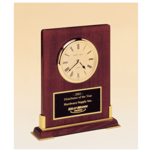 Desktop Clock, Rosewood Piano Finish Wood with Gold Metal Accents with Black Plate