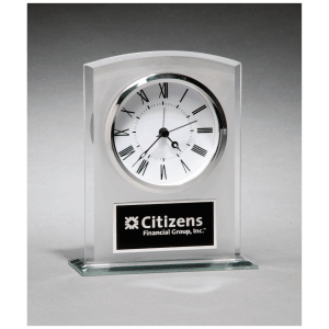 Glass Clock with Frosted Top, Polished Edge and Base with Black Plate