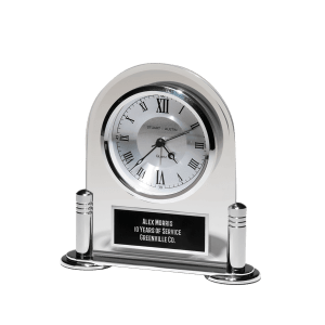 Desk Clock with Beveled Glass Upright, Silver Metal Base, 3 Hand Movement Black Plate