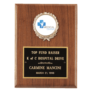 American Walnut Plaque with Gold Border Black Laserable Brass Plate and 2" Insert Holder- Witney Series