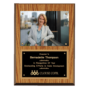 American Oak Finish Photo Plaque with Black Brass Plates-Photo Size 5" x 7"