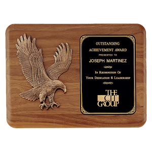 Solid American Walnut Plaque with Sculptured Relief Eagle Casting and Laser Engravable Black Brass Plate