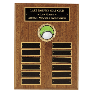 American Walnut Perpetual Plaque with 12 Gold Border Black Laserable Brass Plates and 2" Insert Holder- Witney Series