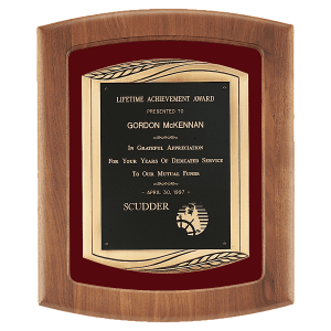 American Walnut Frame with Maroon Velour Background and Black Laser Engravable Plate in an Antique Bronze Finished Frame Casting