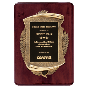 Rosewood Piano Finish Plaque w/Antique Bronze Scroll Frame and Black Brass Plate