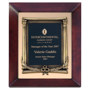 Airflyte Cherry Finish Frame with Antique Bronze Finished Metal Frame on a Brushed Gold Metal Background with a Laserable Black Brass Plate
