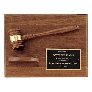 Solid Walnut Plaque with a Walnut Gavel, Gold Gavel Band, Black Laserable Brass Plate and a Walnut Half Sounding Block