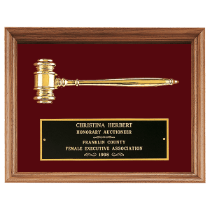 Gold Electroplated Gavel in a Walnut Frame with Maroon Velour Background and Black Laserable Brass Plate