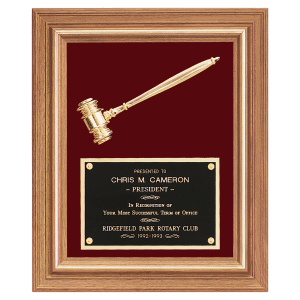 Gold Electroplated Gavel in a Walnut Frame with Maroon Velour Background and Black Laserable Brass Plate