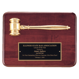 Rosewood Piano Finish Plaque with a Gold Electroplated Gavel and Laserable Black Brass Plate