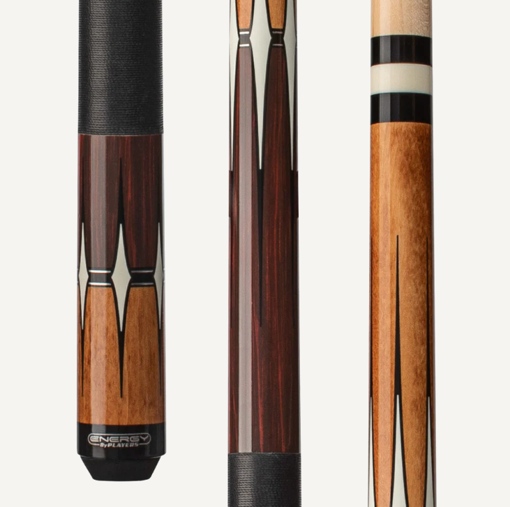 Players Energy Half & Half Antique stained maple & Rengas, White Diamond graphic w/Black Linen Wrap Cue Stick