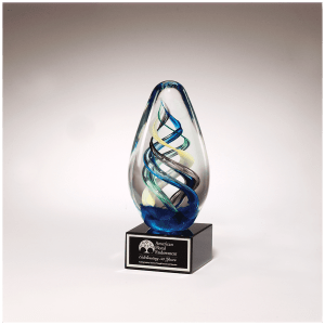 Egg Shaped Colored Art Glass on Black Glass Base with Black Laserable Aluminum Plate