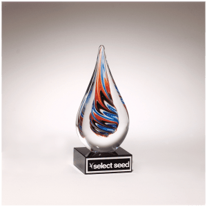 7 1/2" Teardrop Art Glass on Black Glass Base with Black Laserable Aluminum Plate