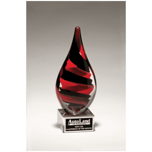 8" Black and Red Helix Teardrop on Clear Glass Base with Black Laserable Aluminum Plate