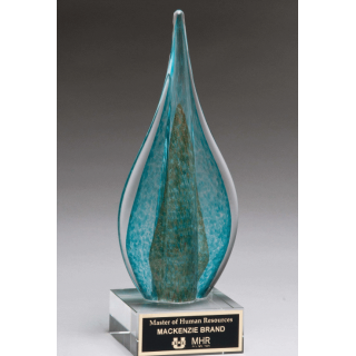 Flamed Shaped Art Glass Award Teal and Green with Gold Metallic Accent