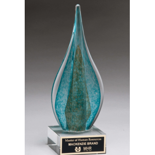 2300 Flamed Shaped Art Glass Award Teal and Green with Gold Metallic Accent