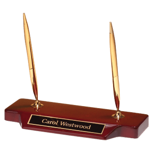 Double Gold-Tone Pen Set on Rosewood Piano Finish Base with Black Brass Plate