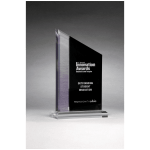Digitally Printed Brushed Silver Accent on Black Upright Acrylic with Clear Base