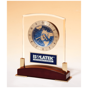 Glass Clock with World Time Dial on Piano Finish Base, Blue Aluminm Plate