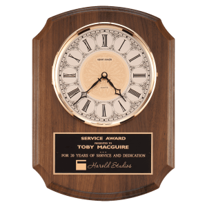 Walnut Quartz Clock, Brass Diamond Spun Bezel, Glass Lens, Ivory Dial, Plate