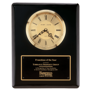 Black Piano Finish Clock, Waterfall Bezel with Glass Lens, Gold Dial, Plate