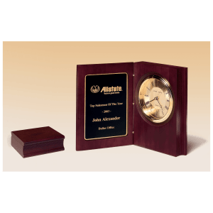Hand Rubbed Mahogany Finish Book Clock, Diamond Spun Dial, 3 Hand Movement, Black Laserable Plate