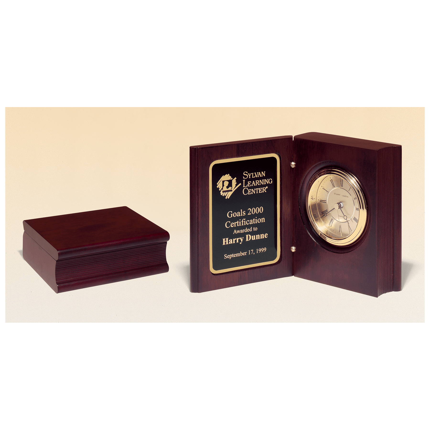 Hand Rubbed Mahogany Finish Book Clock w/Gold Spun Dial - Personalized
