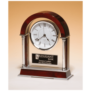 Rosewood Piano Finish Mantle Clock, Chrome Plated Posts, Silver Accents with Black Plate