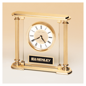 Glass Upright with Feet & Top, Metal Goldtone Columns, Diamond Spun Dial, 3 Hands with Black Plate