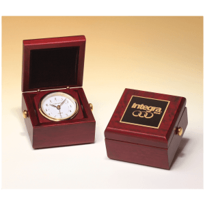 Hand Rubbed Mahogany Finish Box Clock, Metal Goldtone Knobs and Velour Lined Lid with Black Plate