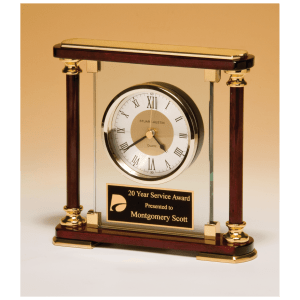 Glass and Rosewood Piano Finish Clock with Gold Metal Accents and Black Plate