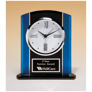 Black & Blue Glass Clock, Silver Bezel, Three Hand Movement with Black Plate