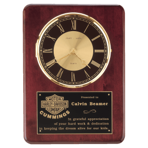 Rosewood Piano Finish Clock, Brass Bezel with Glass Lens, Black/Gold Dial with Black Plate