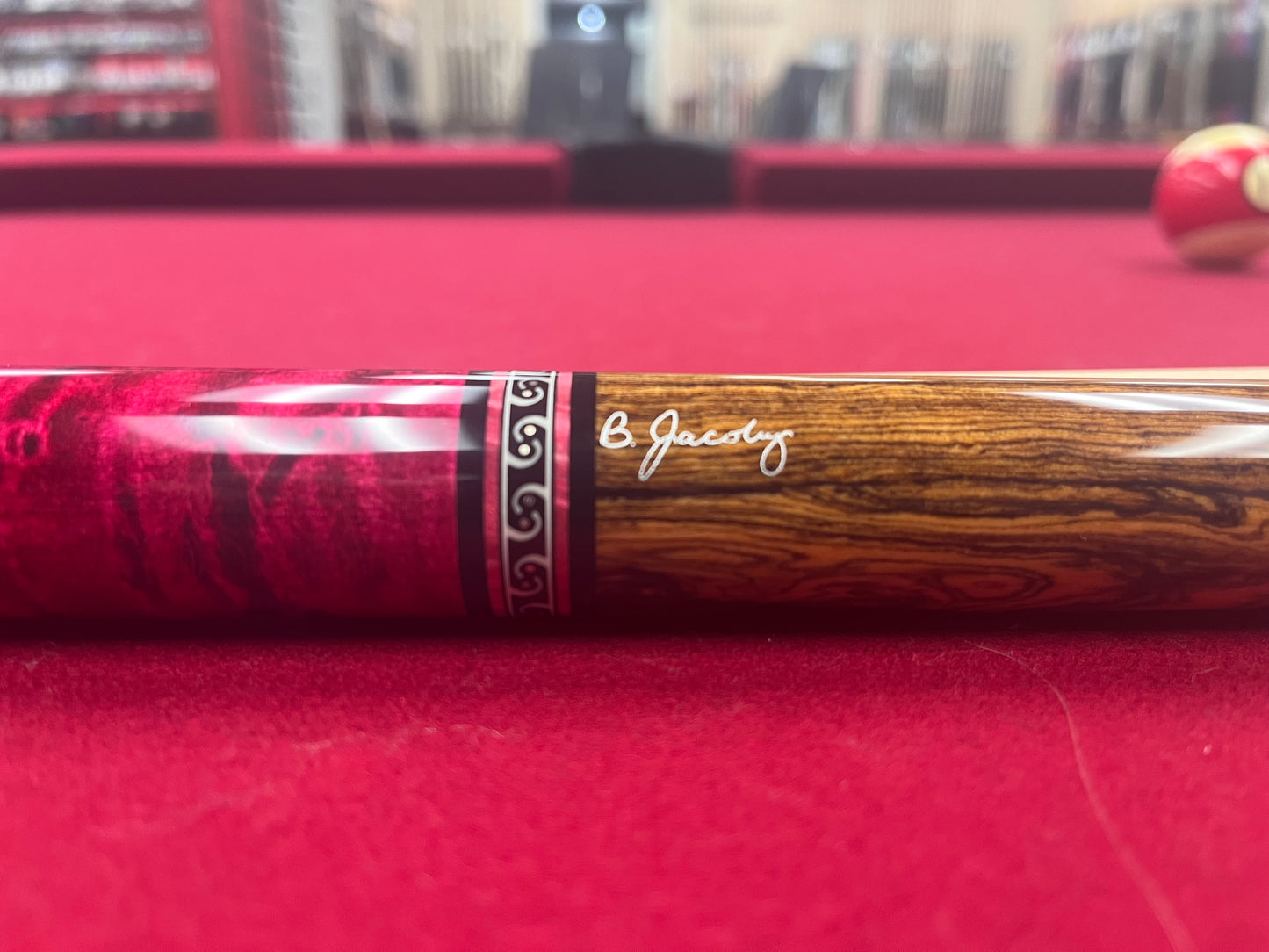 Jacoby Bocote with Raspberry Stained Birdseye Maple and Unique Inlay Cue Stick - 18.6oz