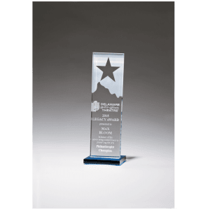Etched Clear Glass Award with Star and Mountain Peak on Blue Glass Base