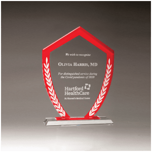Shield Shaped Glass Award with Border and White Laurel Leaves