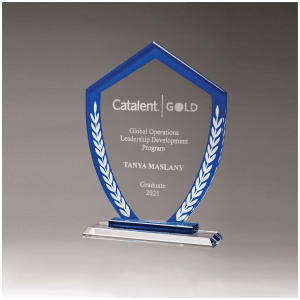 Shield Shaped Glass Award with Border and White Laurel Leaves