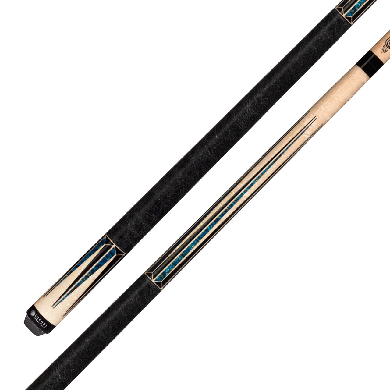 Lucasi Lux54-19 Natural Birdseye Maple W/6 Black and Teal Split Pts. Black Genuine Leather Wrap