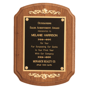 American Walnut Rounded, Scalloped Corner Plaque with Decorative Gold Scrolls and a Gold Border Black Laser Engravable Plate