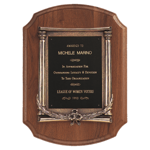 American Walnut Notch Corner Plaque w/Antique Bronze Frame/Black Brass Plate